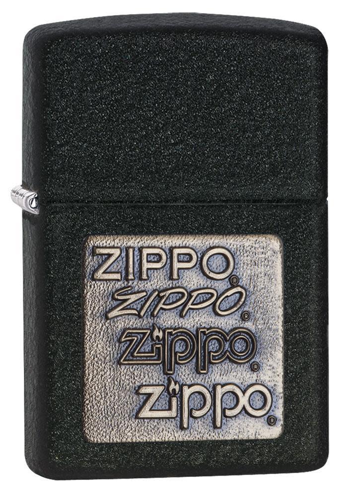Front view of the Black Crackle Gold Zippo Logo Emblem Lighter shot at a 3/4 angle